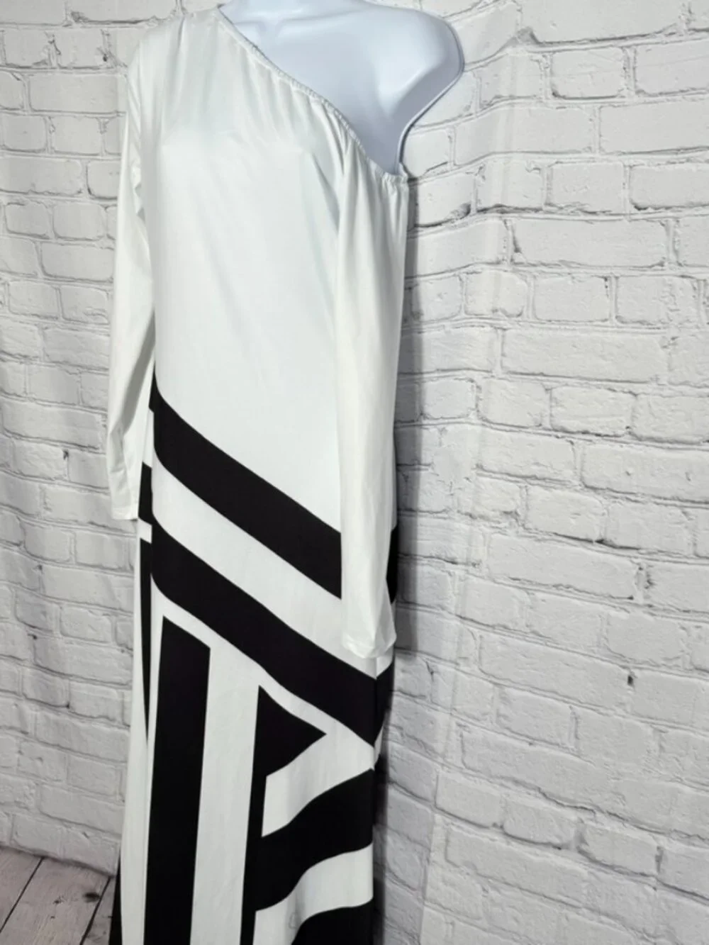 SHEIN Size Small One Shoulder Maxi Dress Black White Abstract Geometric Stretch - Picture 2 of 5